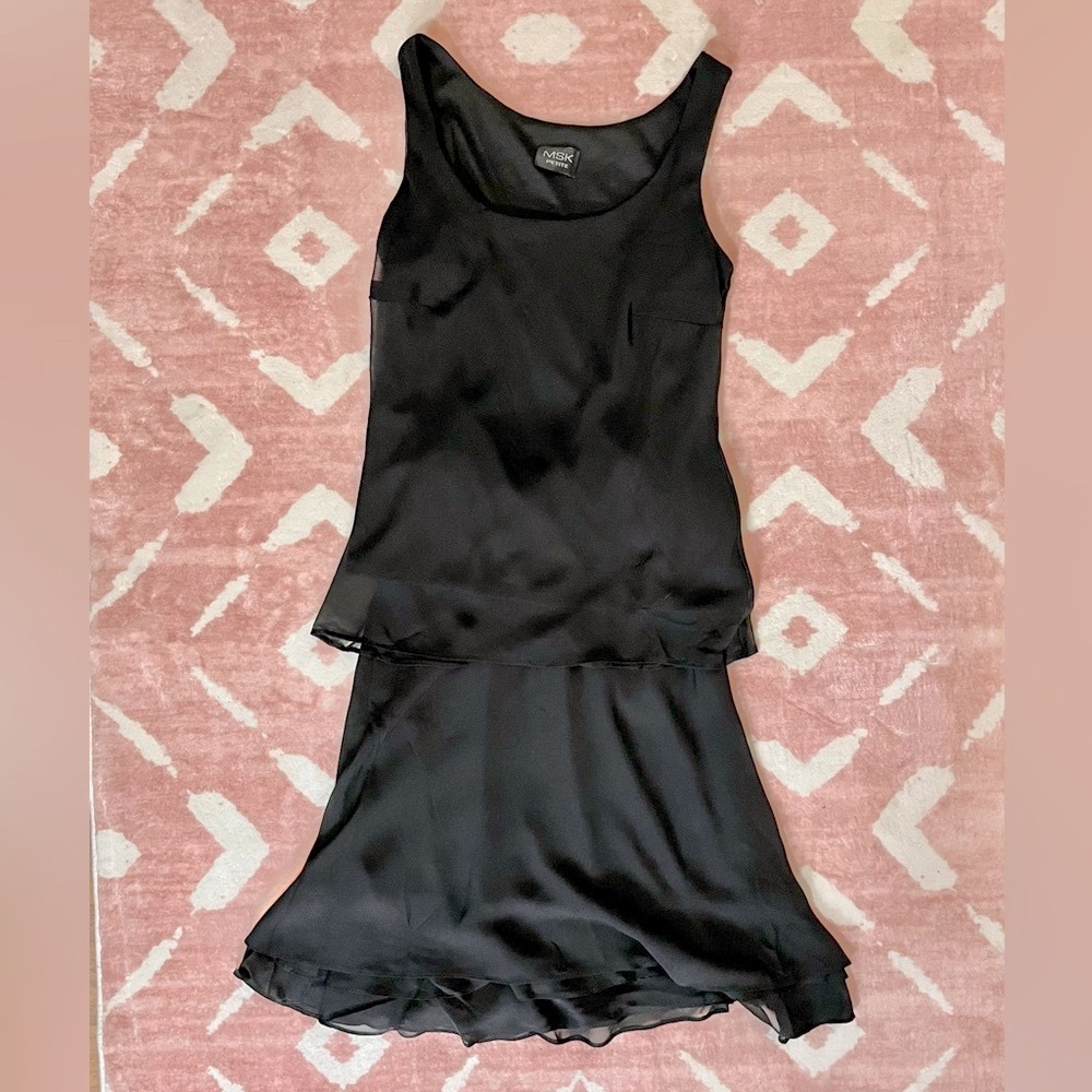 MSK Vintage Petite Black Silky and Sheer Tank Top and Skirt Set